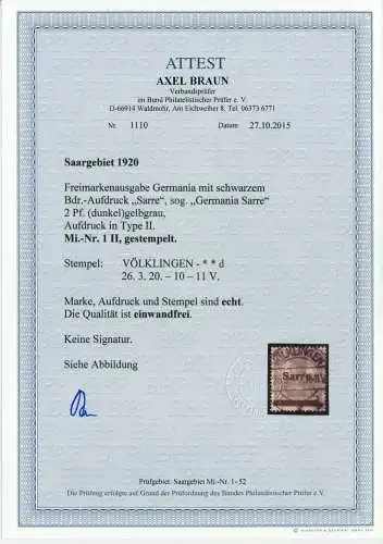 SAARGEBIET GERMANIA Nr 1II zentrisch gestempelt ATTEST 6D3A96