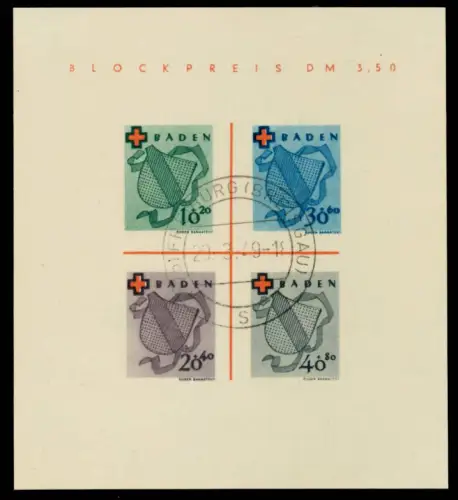 FRANZ. ZONE BADEN Block 2I zentrisch gestempelt ATTEST 6AD022
