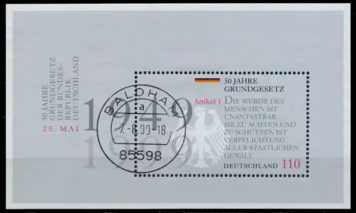 BRD BUND BLOCK KLEINBOGEN 1999 Block 48 zentrisch gestempelt A7755E