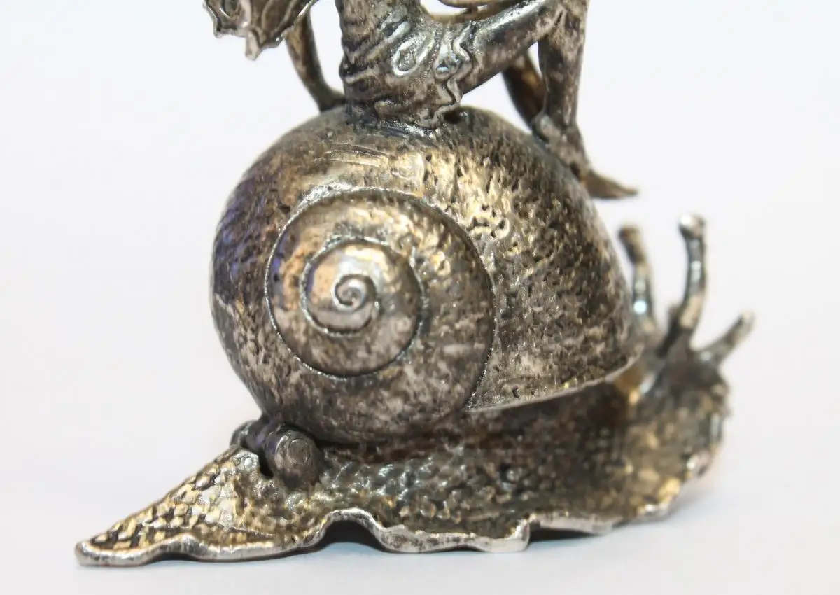 Detailreiche massive Silber Dose / Miniatur Behälter - Fee / Elfe auf Schnecke - Figürlich Etui Vitrinenobjekt - Milleartifex 11