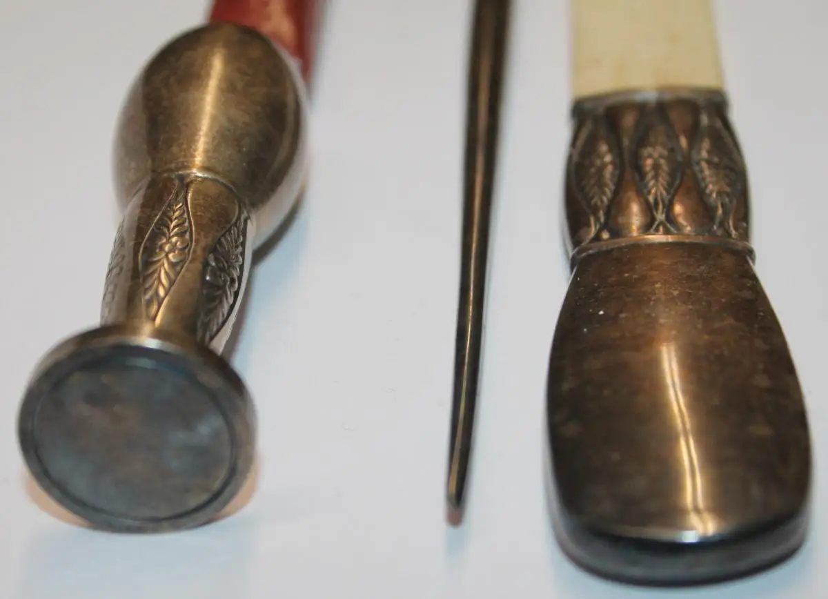 Selten schönes antikes Alpacca Schreibtisch Set mit Petschaft Brieföffner Füllfederhalter und Wachs im Etui um 1900 - Jugendstil Accessoire - Milleartifex 4