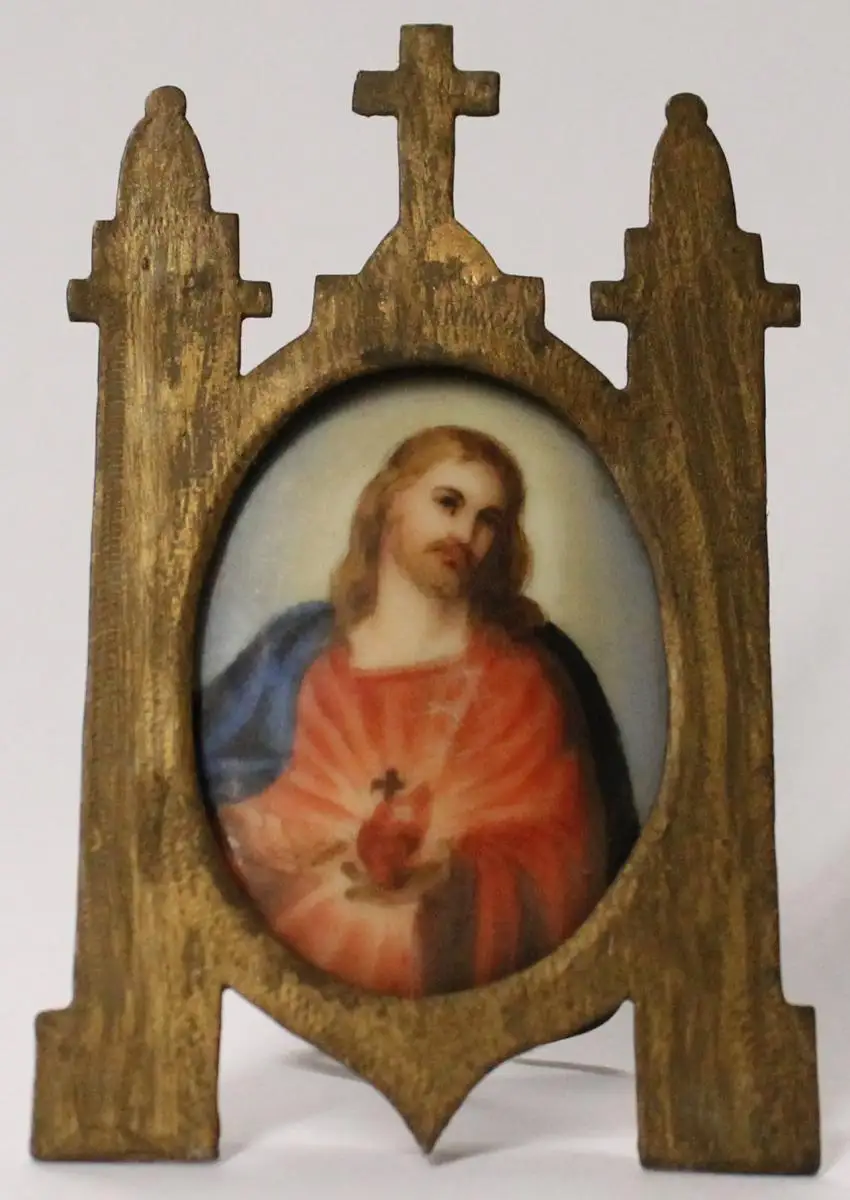 Antikes kleines Gemälde / Miniaturmalerei im Metallrahmen - Heiligenmotiv auf Porzellan um 1900 - Milleartifex 0