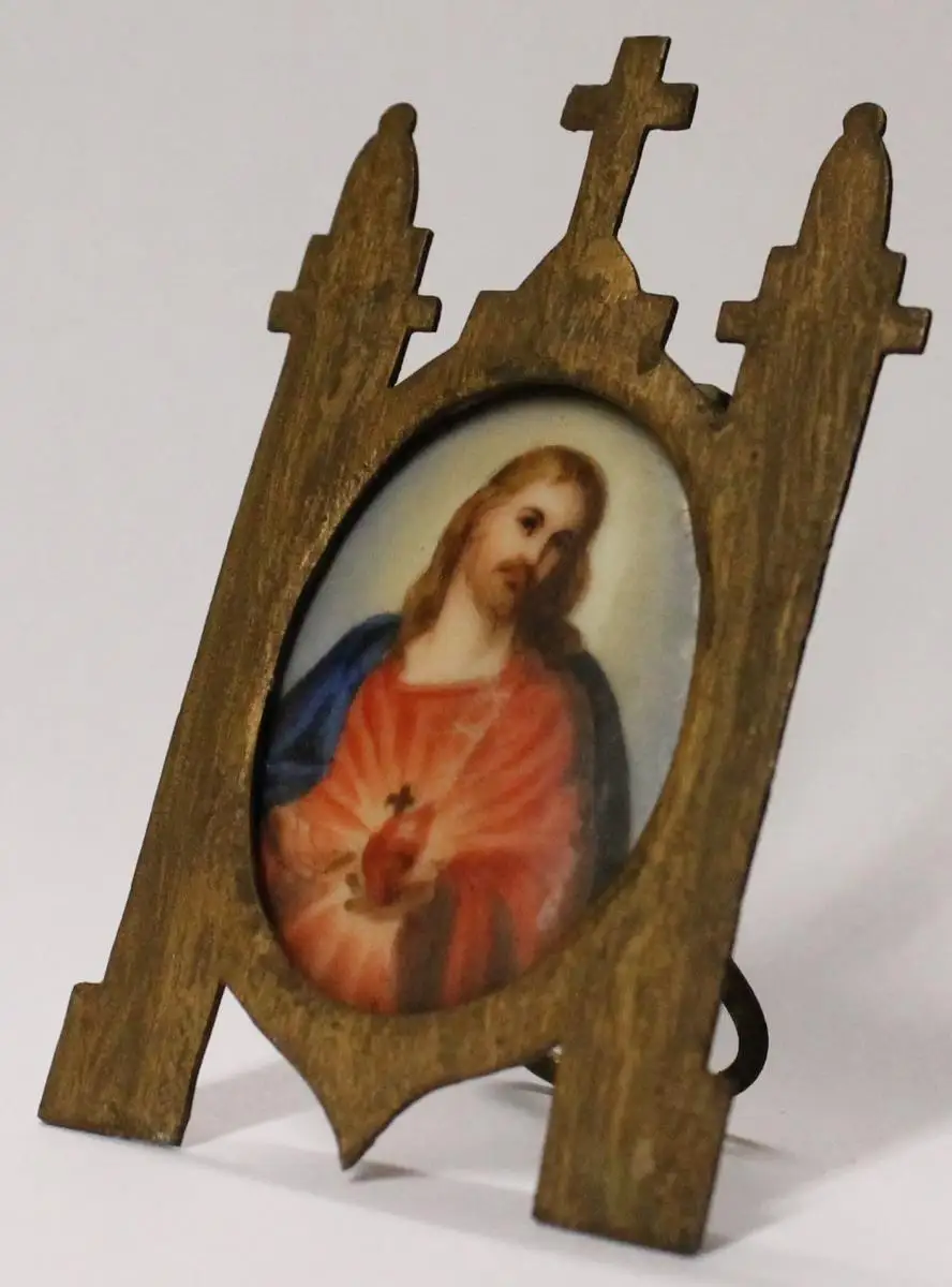 Antikes kleines Gemälde / Miniaturmalerei im Metallrahmen - Heiligenmotiv auf Porzellan um 1900 - Milleartifex 1