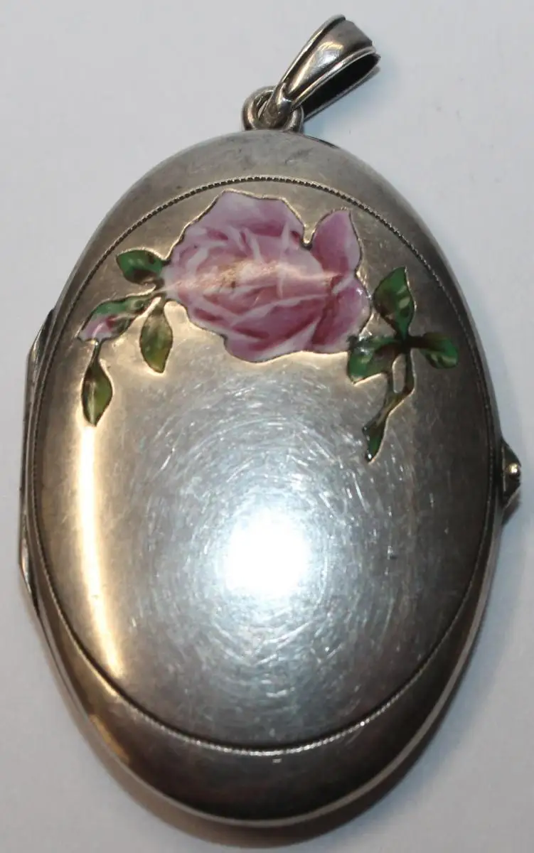 Antiker Jugendstil Medaillon Anhänger mit Emaille Rose und großem FJ Monogramm um 1900 - Alpacca Antikschmuck - Milleartifex 0