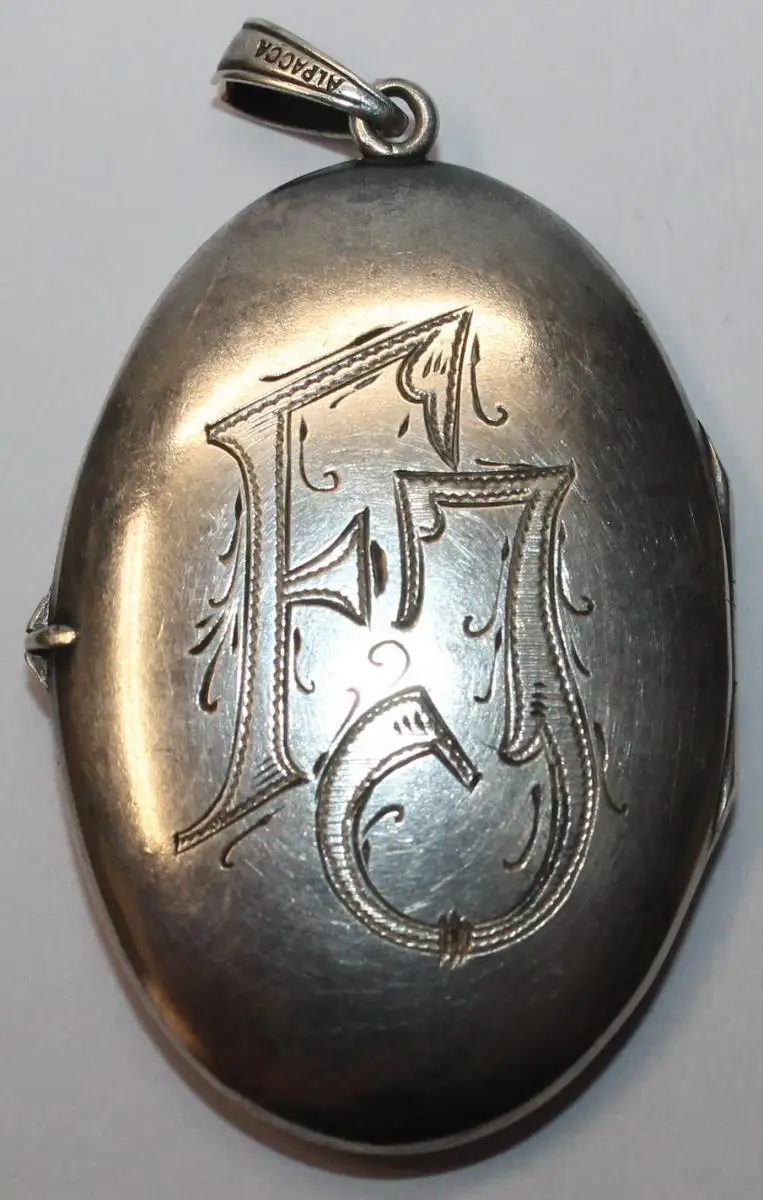 Antiker Jugendstil Medaillon Anhänger mit Emaille Rose und großem FJ Monogramm um 1900 - Alpacca Antikschmuck - Milleartifex 1