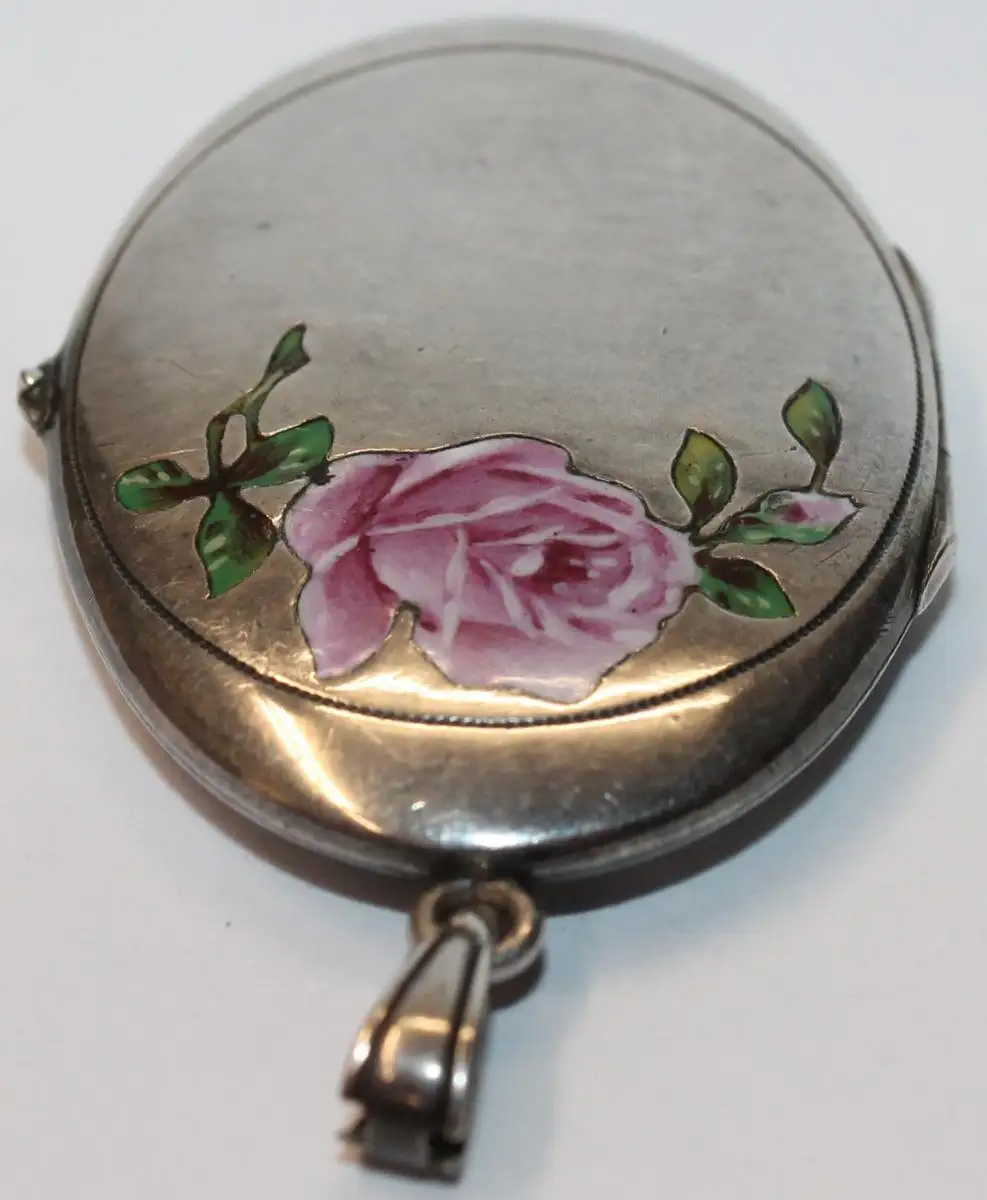 Antiker Jugendstil Medaillon Anhänger mit Emaille Rose und großem FJ Monogramm um 1900 - Alpacca Antikschmuck - Milleartifex 3