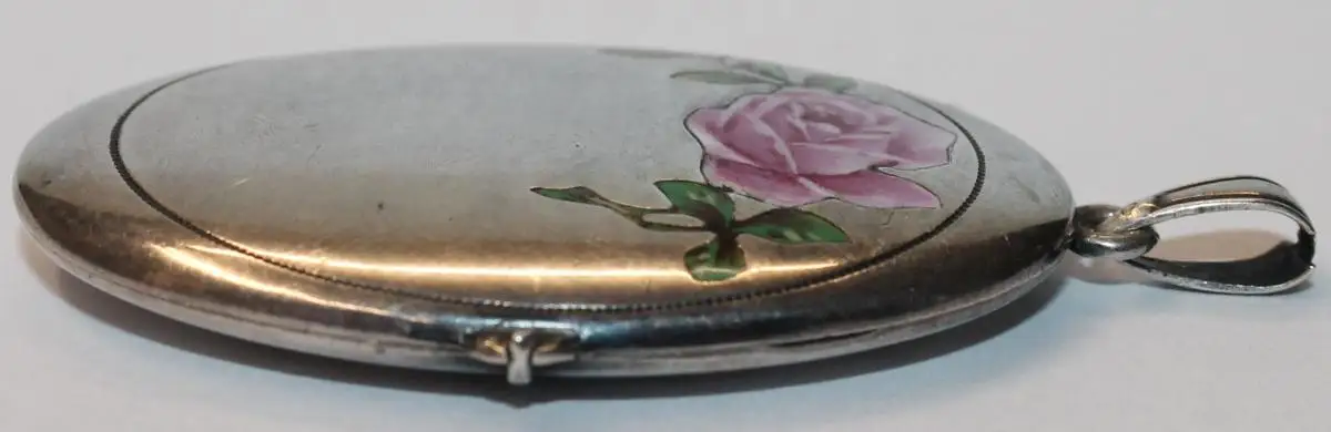 Antiker Jugendstil Medaillon Anhänger mit Emaille Rose und großem FJ Monogramm um 1900 - Alpacca Antikschmuck - Milleartifex 5