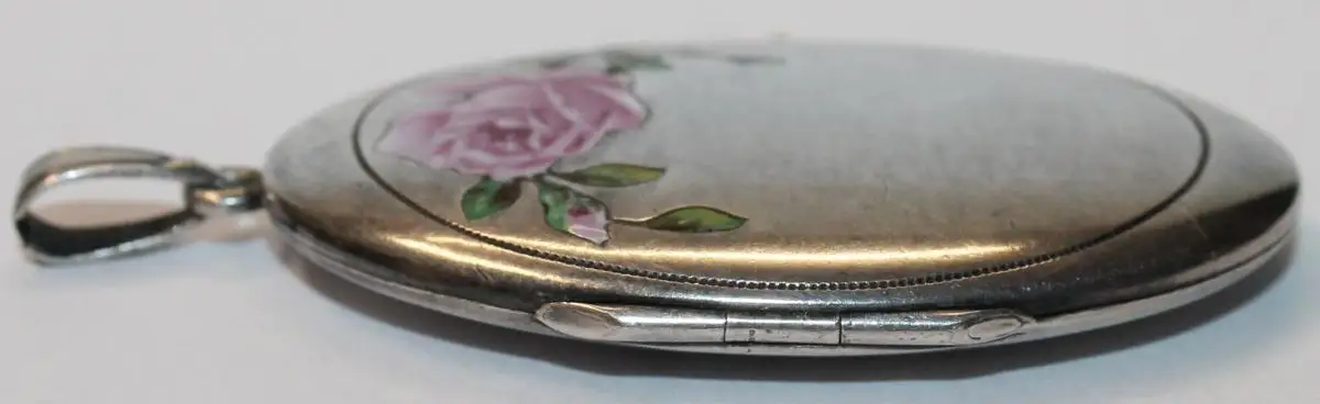 Antiker Jugendstil Medaillon Anhänger mit Emaille Rose und großem FJ Monogramm um 1900 - Alpacca Antikschmuck - Milleartifex 6