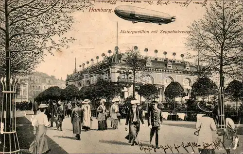 [Echtfotokarte schwarz/weiß] Hamburg. Alsterpavillon mit Zeppelinkreuzer. 