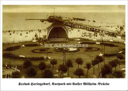 [Echtfotokarte farbig] Seebad Heringsdorf, Kurpark mit Kaiser Wilhelm-Brücke. 