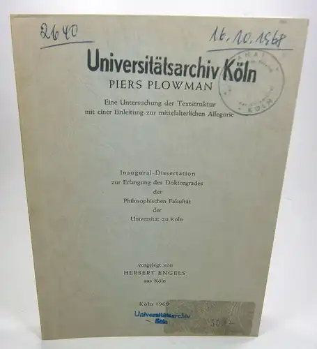 Engels, Herbert: Piers Plowman. Eine Untersuchung der Textstruktur mit einer Einleitung zur mittelalterlichen Allegorie. (Dissertation). 