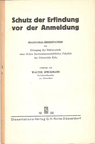 Speckmann, Walter: Schutz der Erfindung vor der Anmeldung. (Dissertation). 