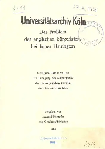 Hantsche, Irmgard: Das Problem des englischen Bürgerkriegs bei James Harrington. . 