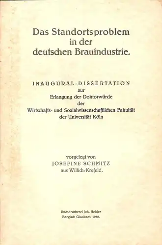 Schmitz, Josefine: Das Standortproblem in der deutschen Brauindustrie. . 