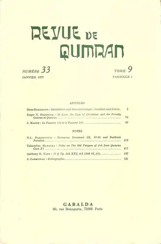 (Div. Autoren): Revue de Qumran. Numero 33, Janvier 1977. Tome 9. Fascicule 1. 