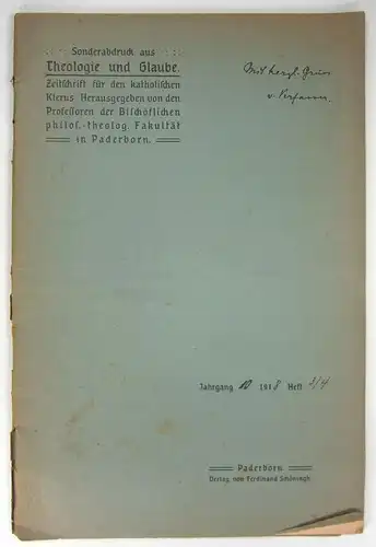 Baur, Ludwig: Völkerrechtliches zur Kriegsseelsorge. (Sonderdruck aus "Theologie und Glaube" - Jahrgang 10, 1918, Heft 3/4). 