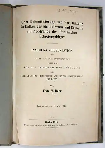 Behr, Fritz M: Über die Dolomitisierung und Verquarzung in Kalken des Mitteldevons und Karbons am Nordrande des Rheinischen Schiefergebirges. (Dissertation). 
