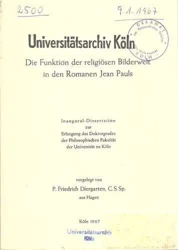 Diergarten, Friedrich: Die Funktion der religiösen Bilderwelt in den Romanen Jean Pauls. (Dissertation). 