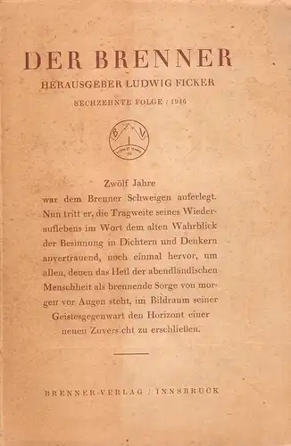 Ficker, Ludwig (Hrsg.): Der Brenner. 16. Folge, 1946. 