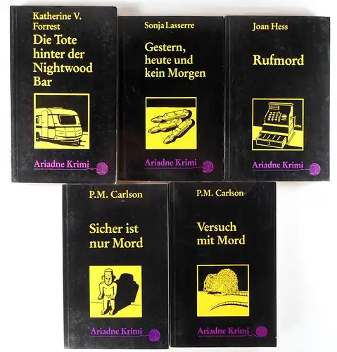 Hess, Joan u.a: Konvolut "Ariadne-Krimis" - 5 Titel:1. Joan Hess: Rufmorf. 218 S.2. P. M. Carlson: Versuch mit Mord. 256 S.3. P. M. Carlson: Sicher ist nur Mord. 251 S.4. Sonja Lasserre: Gestern, heute und kein Morgen. 163 S.5. Katherine V. Forrest: 