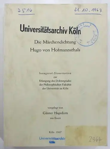 Hagedorn, Günter: Die Märchendichtung Hugo von Hofmannsthals. (Dissertation). 