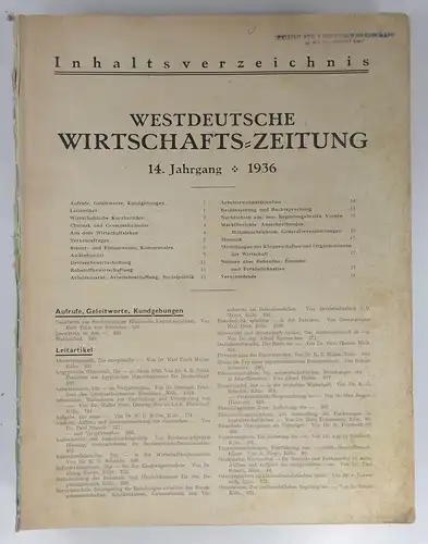 Schmidt, Karl G. (Hg.): Westdeutsche Wirtschafts-Zeitung. 14. Jahrgang - 1936 (kompletter Jahrgang in 52 Heften). 