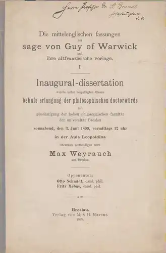 Weyrauch, Max: Die mittelenglischen Fassungen der Sage von Guy of Warwick und ihre altfranzösische Vorlage. (Diss). 