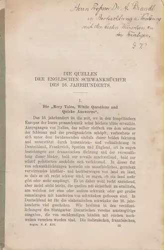 (Stiefel, Abraham Ludwig): Die Quellen der englischen Schwankbücher des 16. Jahrhunderts. 