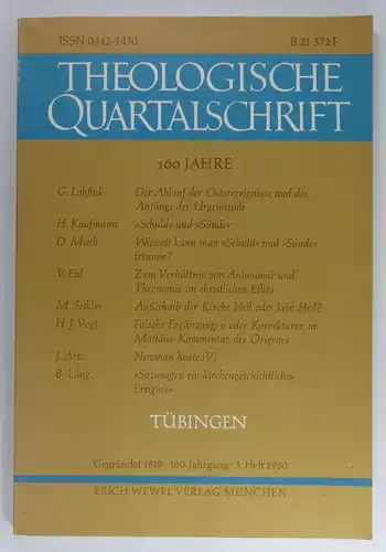 Greinacher, Norbert (Schriftleitung): Theologisch Quartalsschrift. 3. Heft 1980. Themen u.a.:Lohfink: Der Ablauf der Osterereignisse und die Anfänge der Urgemeinde.Kaufmann: "Schuld" und "Sünde".Mieth: Wieweit kann man.. 