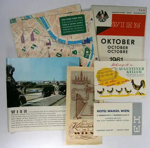 Fremdenverkehrsstelle der Stadt Wien (Hg.): Fremdenverkehrsprospekt "Wien" 23 S. mit Abbildungen + Beilagen:Werbekarte "Hotel Wandl Wien"Werbe /Postkarte "Hühnergrill im Augustiner Keller" (Marzek, Wien)Kulturstätten in Wien.. 