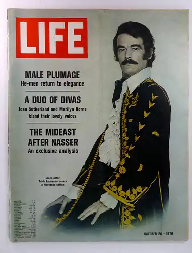 (Life Atlantic): LIFE. International Edition.October 26, 1970. Vol. 49, No.9. Male Plumage. A duo of Divas. The mideast after Nasser.