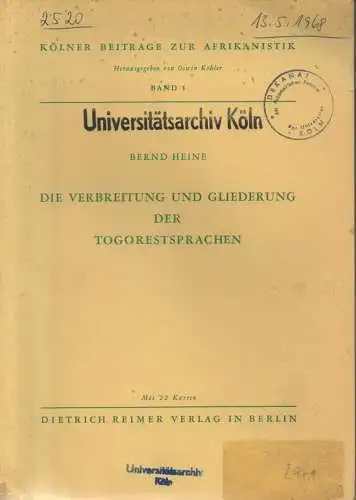 Heine, Bernd: Die Verbreitung und Gliederung der Togorestsprachen. (Kölner Beiträge zur Afrikanistik ; 1). 