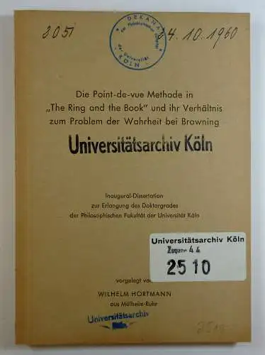 Hortmann, Wilhelm: Die Point-de-vue Methode in "The Ring and the Book" und ihr Verhältnis zum Problem der Wahrheit bei Browning. (Dissertation).