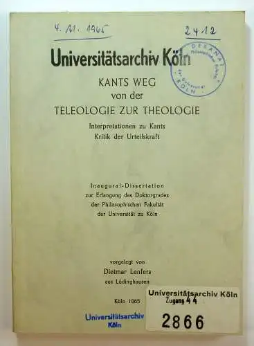 Lenfers, Dietmar: Kants Weg von der Teleologie zur Theologie. Interpretationen zu Kants Kritik der Urteilskraft. Dissertation.