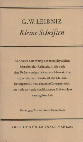 Leibniz, Gottfried Wilhelm: Kleine Schriften zur Metaphysik. Opuscules métaphysiques. 