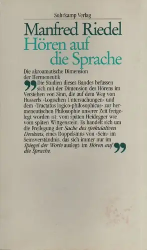 Riedel, Manfred: Hören auf die Sprache. Die akroamatische Dimension der Hermeneutik. 
