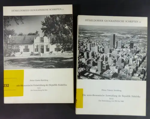 Steinberg, Heinz Günter: Die sozio-ökonomische Entwicklung der Republik Südafrika. Teil I: Die Entwicklung bis 1914 + Teil II: Die Entwicklung von 1914 bis 1980. (Düsseldorfer Geographische Schriften, Hefte 21+26). 