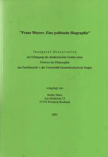 Marx, Stefan: Franz Meyers. Eine politische Biographie. 