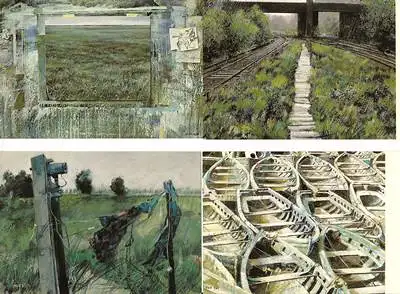 LOUIS (Louis G. N. Busman): 4 Gemälde - Postkarten : Arbeitsfeld für ein Landvermesser (1981) / Güst VIII (1990) / Westkreuz V (1989) /Essaouira I (1989). 