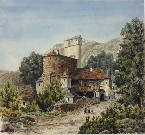 Adalbert Waagen (1833 München - 1898 Berchtesgaden,, Burgähnliche Anlage im Gebirgstal (Piemont). Aquarell und Tusche