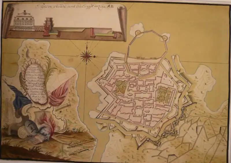 Mitte des 18. Jahrhunderts,, Plan einer befestigten Stadt. Aquarell und Tusche.  von J. F. von Kochen für   Leutnant Tschernzoff, St. Petersburg 1746 0