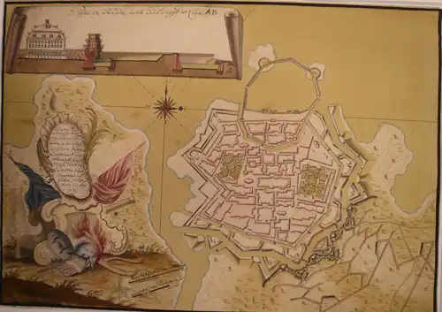 Mitte des 18. Jahrhunderts,, Plan einer befestigten Stadt. Aquarell und Tusche.  von J. F. von Kochen für   Leutnant Tschernzoff, St. Petersburg 1746