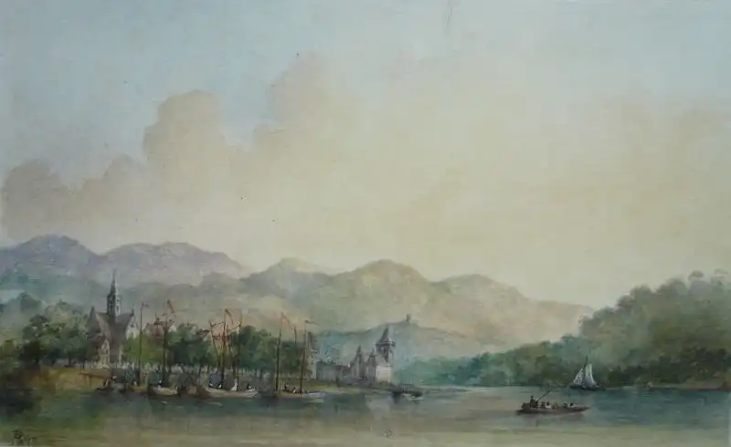 Aquarellist 19. Jahrhundert,, Oberlahnstein vom Rhein aus gesehen. Aquarell 0