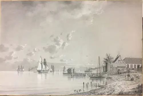 Baagoe, Carl Emil (1829 Kopenhagen - 1902 Snekkersten),, Segel- und Dampfschiffe mit einem Fischerdorf. Schwarze Kreide, Bleistift und mit Deckweisss gehöht. Auf grau grundierter leichter Malpappe