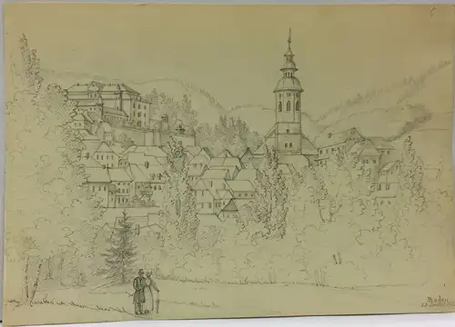 Französisch/Schweizer Zeichner Anfang 19. Jh.,, Ansicht von Baden mit dem Turm Stiftskirche. Bleistift