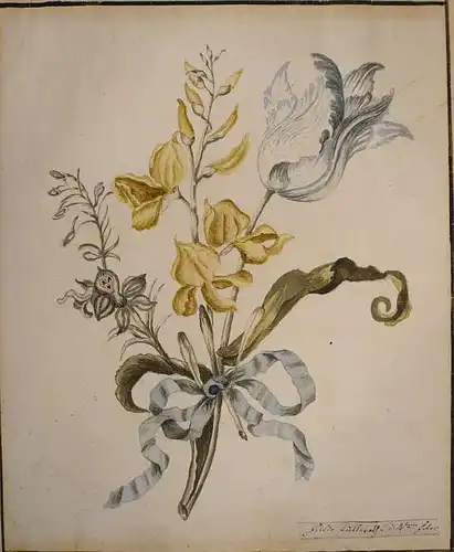 Blumenmalerin um 1800 - Thüringen,, Blumenbouquet mit Papagei-Tulpe. Aquarell und Tusche über Spuren von Bleistift