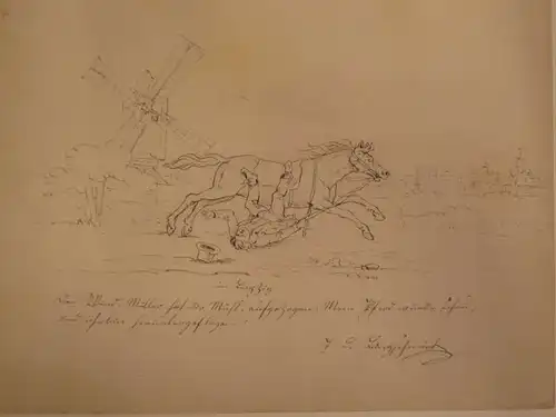 Burgschmiet, Jakob Daniel,, Der Wind. Reiterkarikatur. Federzeichnung