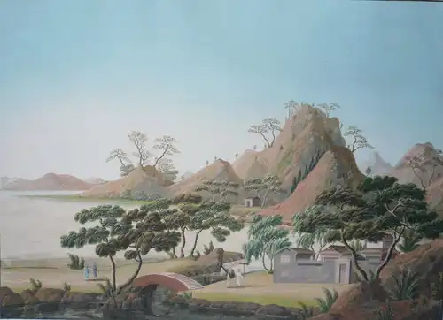Chinesischer Maler um 1800,, Chinesische Landschaft. Gouache, mit doppeltem Tuschrand eingefasst