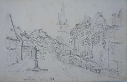 Deutscher Vedutenzeichner 19. Jahrhundert,, Nordhausen mit Dom Zum Heiligen Kreuz im Hintergrund. Bleistift