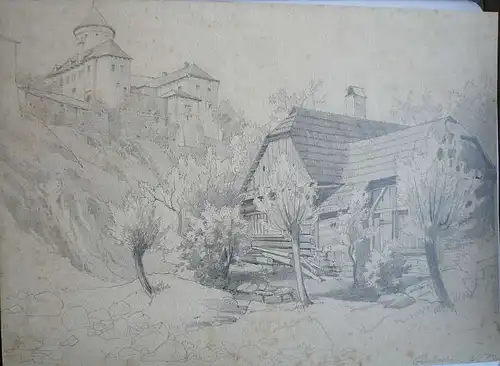 Deutscher Zeichner 19. Jahrhundert,, Architekturstudie Riedenburg (Altmühltal) mit Blick auf die Burg Prunn. Bleistiftzeichnung